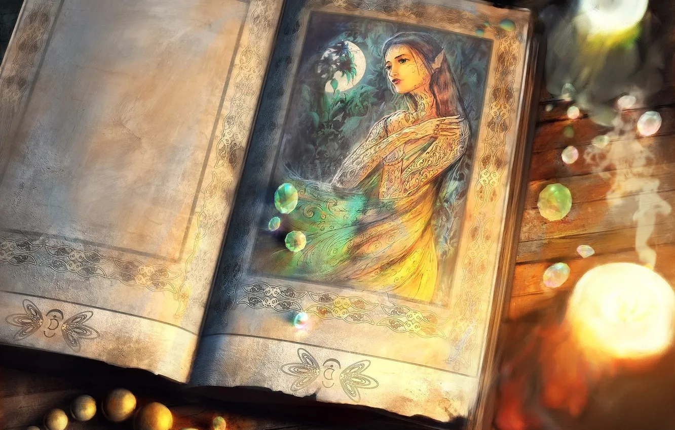 Photo wallpaper girl, the moon, elf, candles, fantasy, art, beads, book