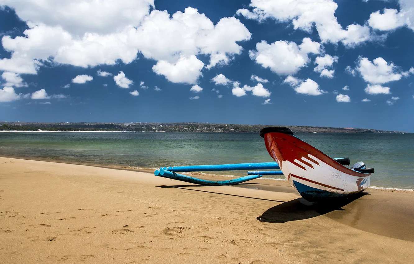Photo wallpaper beach, the sky, clouds, shore, boat, shadow, Fishing boat