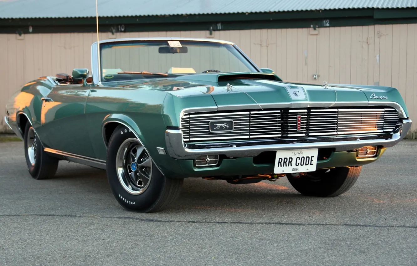 Photo wallpaper background, Convertible, 1969, Cougar, Muscle car, Convertible, Muscle car, green.the front