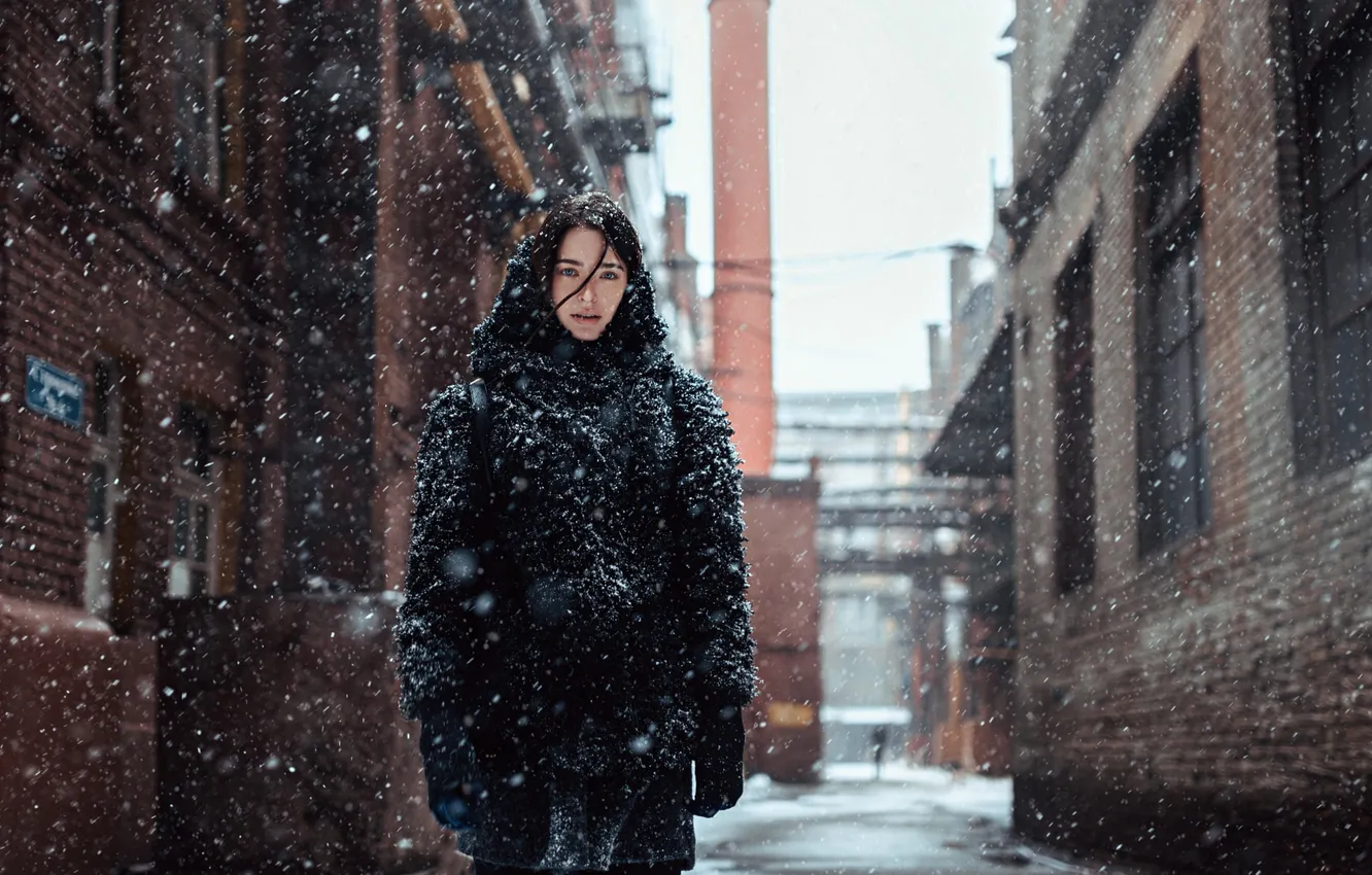 Photo wallpaper look, girl, snow, black, hair, portrait, beautiful, the beauty