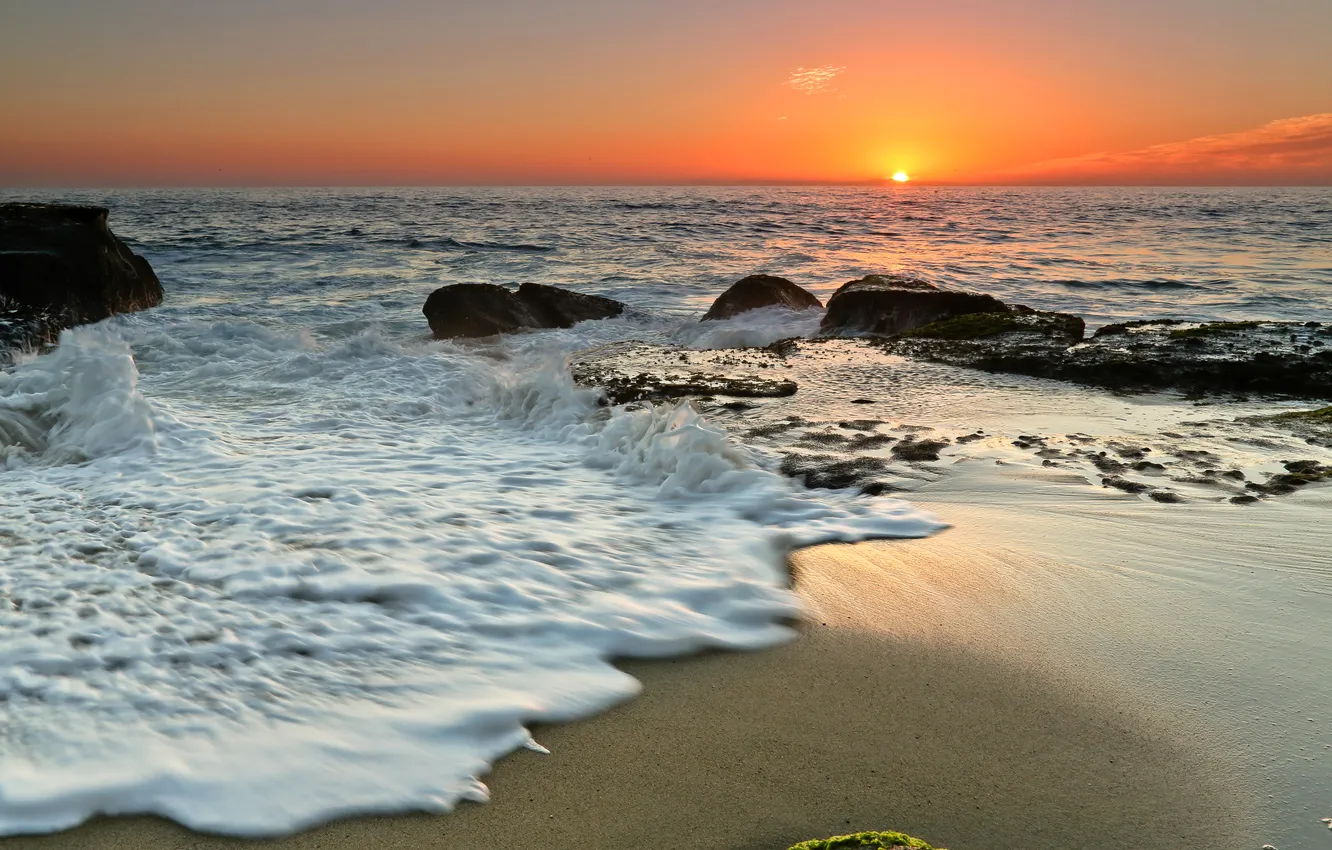Photo wallpaper sea, the sky, foam, sunset, squirt, stones, horizon