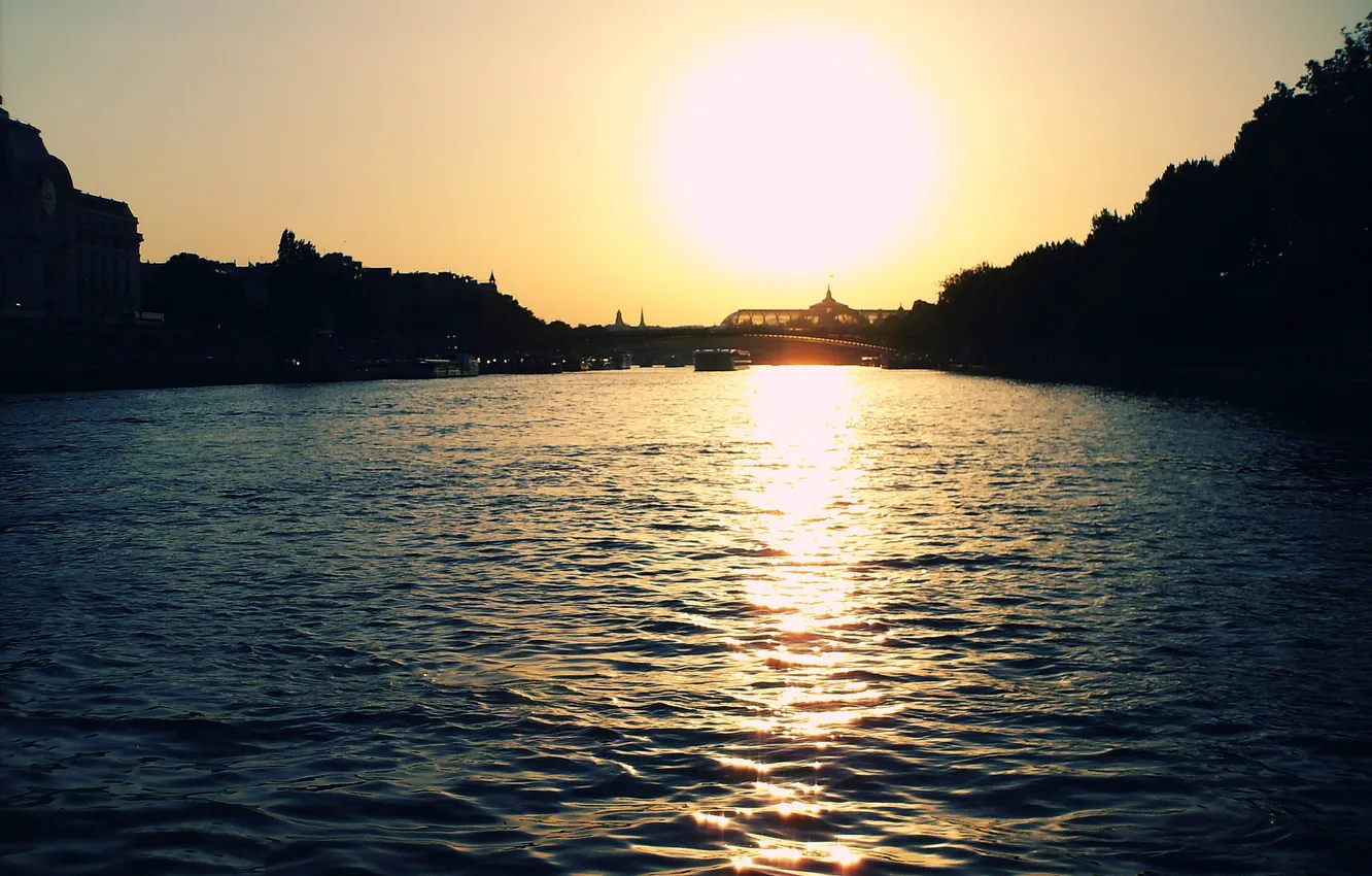 Photo wallpaper water, the sun, sunset, bridge, river, France, Paris, ship