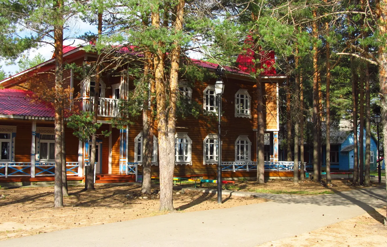 Photo wallpaper trees, the city, photo, home, wooden, Russia, Veliky Ustyug, estate of father Frost