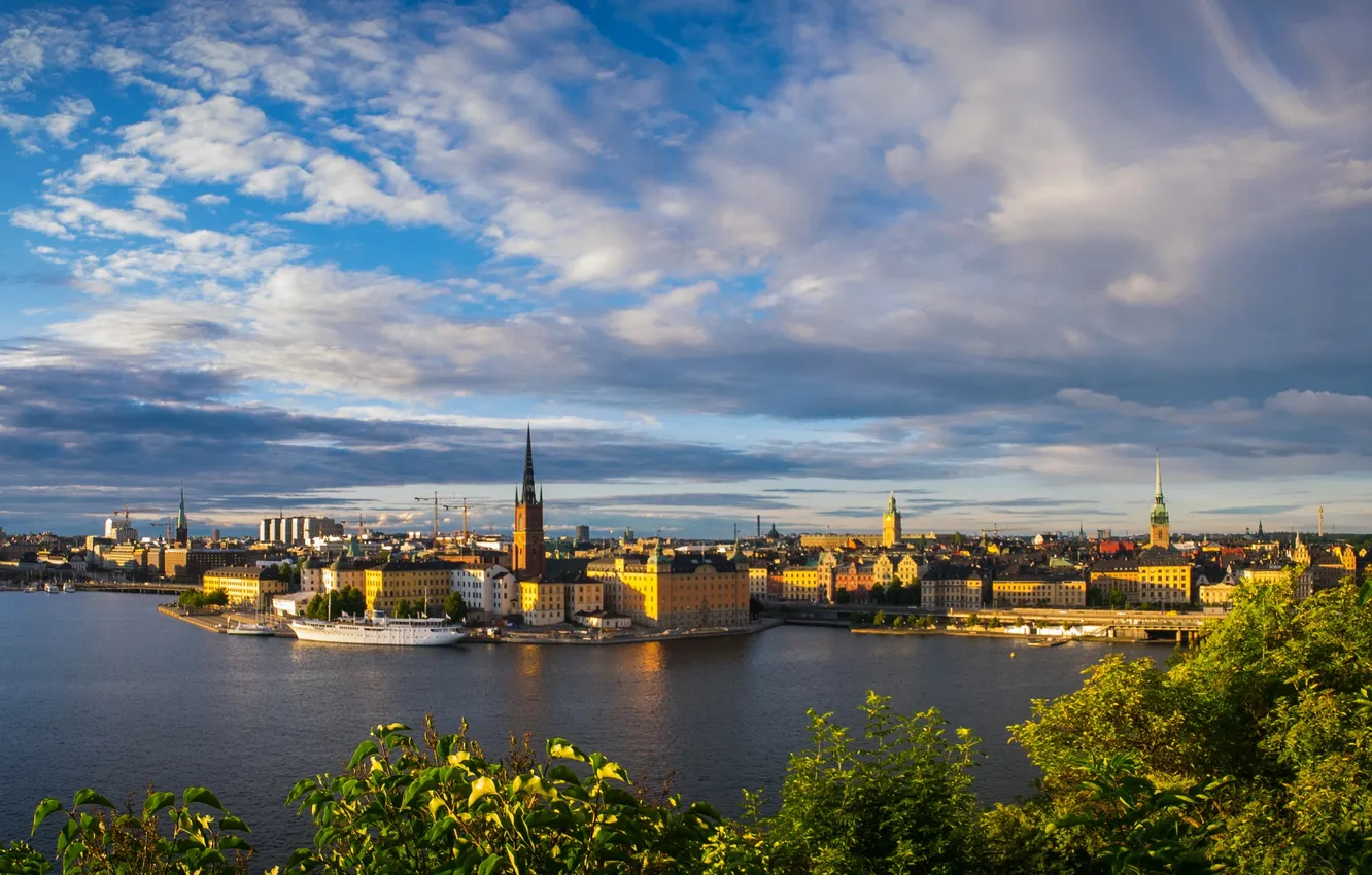 Photo wallpaper river, home, ships, Sweden, promenade, Stockholm