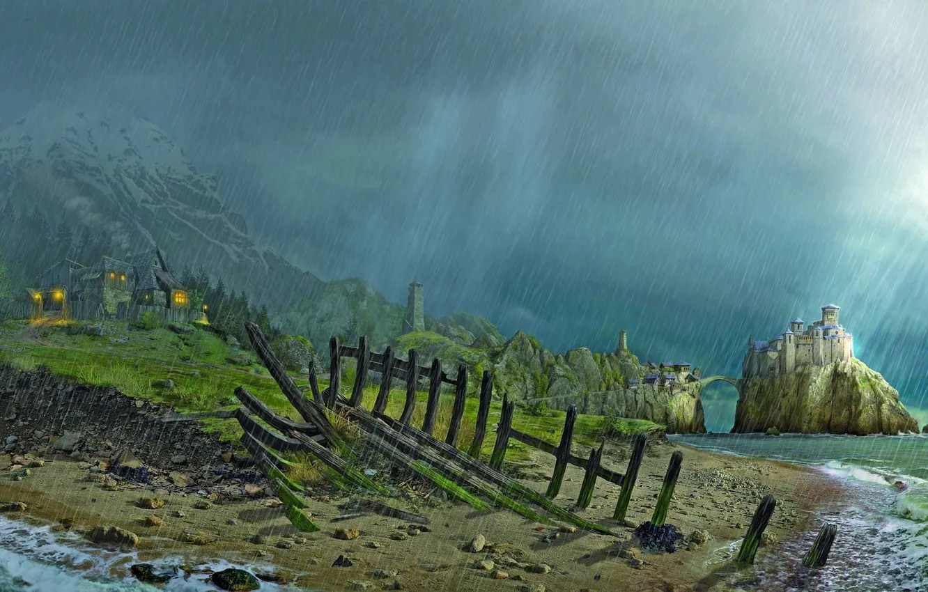 Photo wallpaper sea, rays, mountains, bridge, castle, figure, art, frame