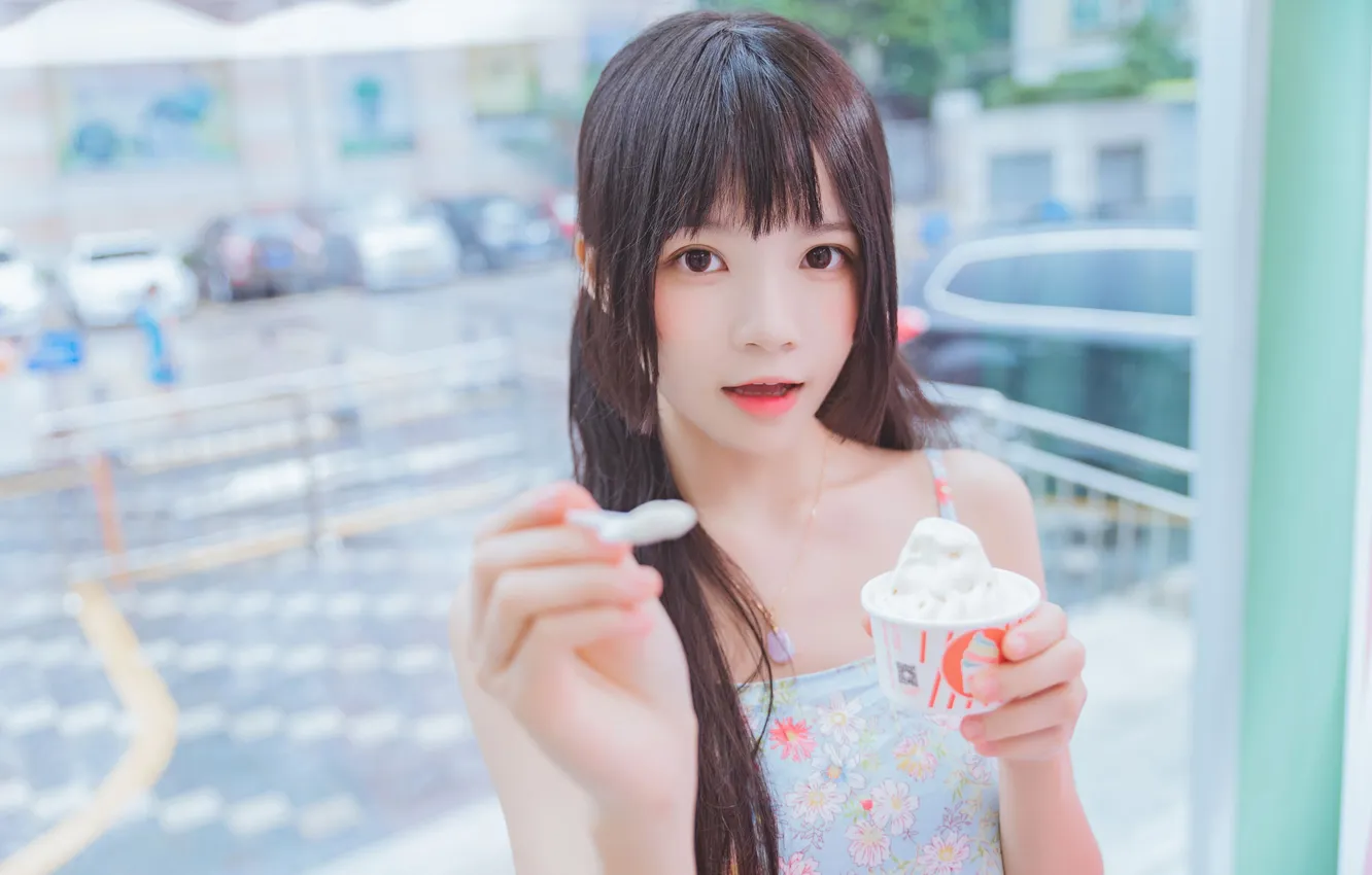 Photo wallpaper glass, woman, beautiful, model, pretty, asian, cute, ice cream
