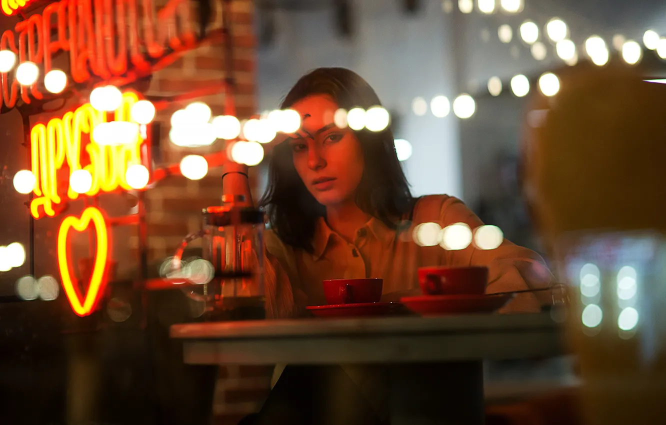 Photo wallpaper blouse, model, chair, women, bokeh, window, brunette, coffee