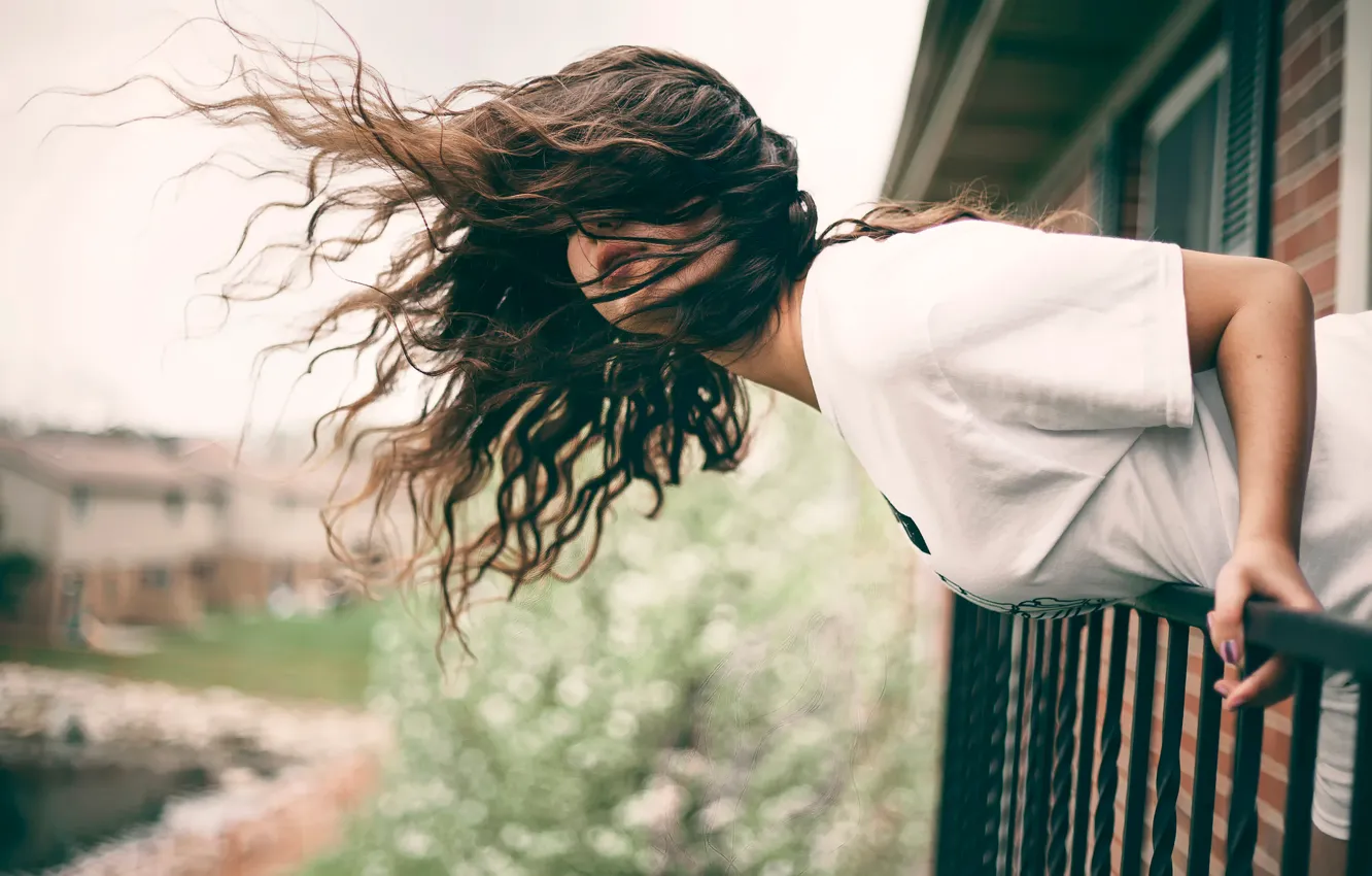 Photo wallpaper girl, the wind, hair, tilt, balcony