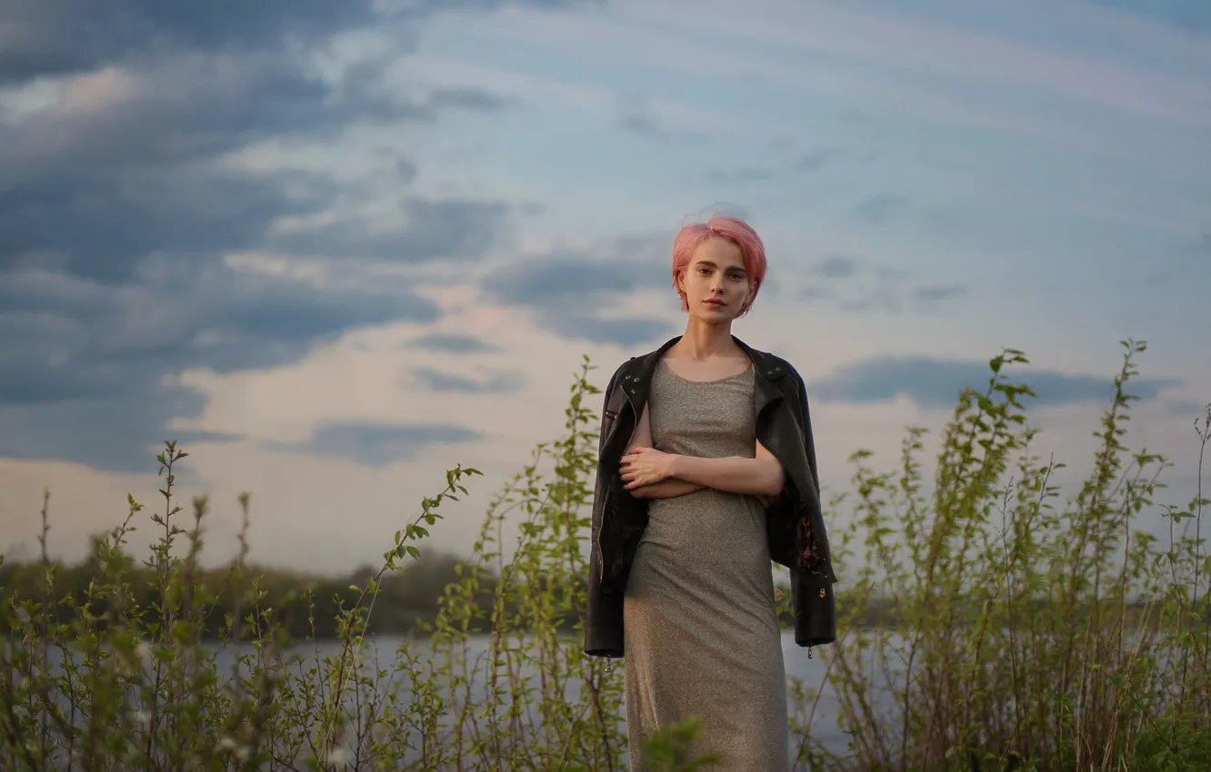 Photo wallpaper look, girl, clouds, green, sweetheart, model, portrait, dress