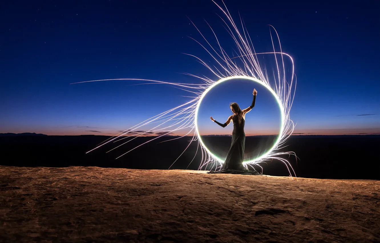 Photo wallpaper the sky, girl, stars, light, landscape, night, nature, pose