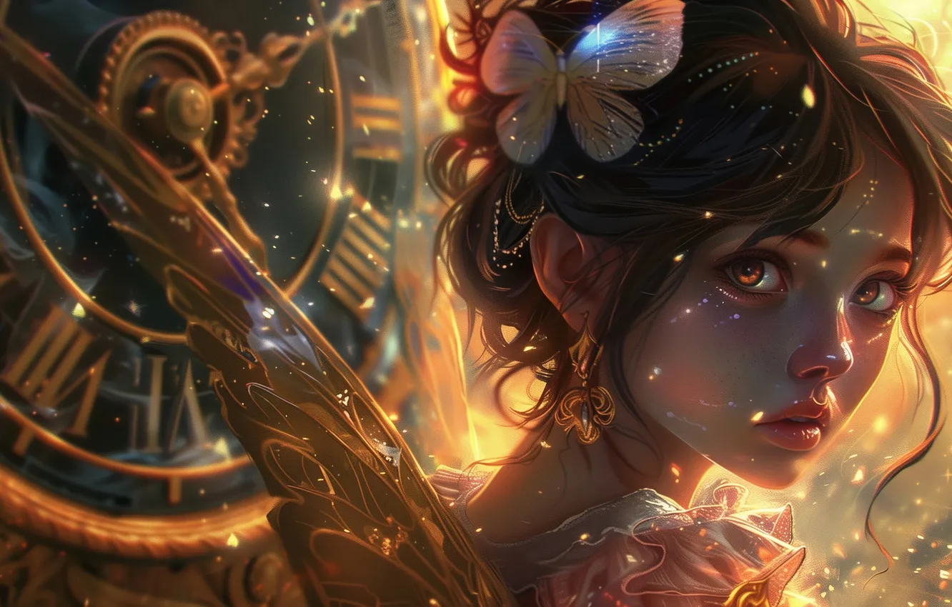 Photo wallpaper look, girl, hair, watch, wings, fairy, closeup, digital art
