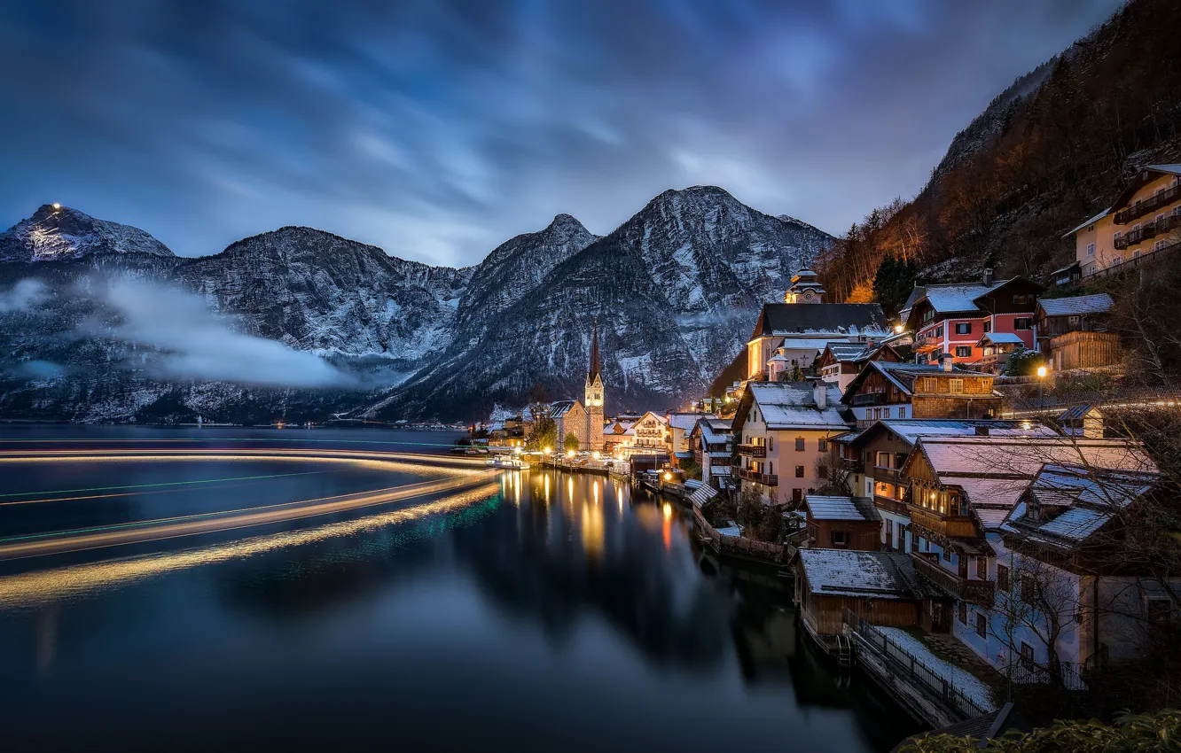 Photo wallpaper landscape, mountains, night, lake, home, Austria, Alps, Austria