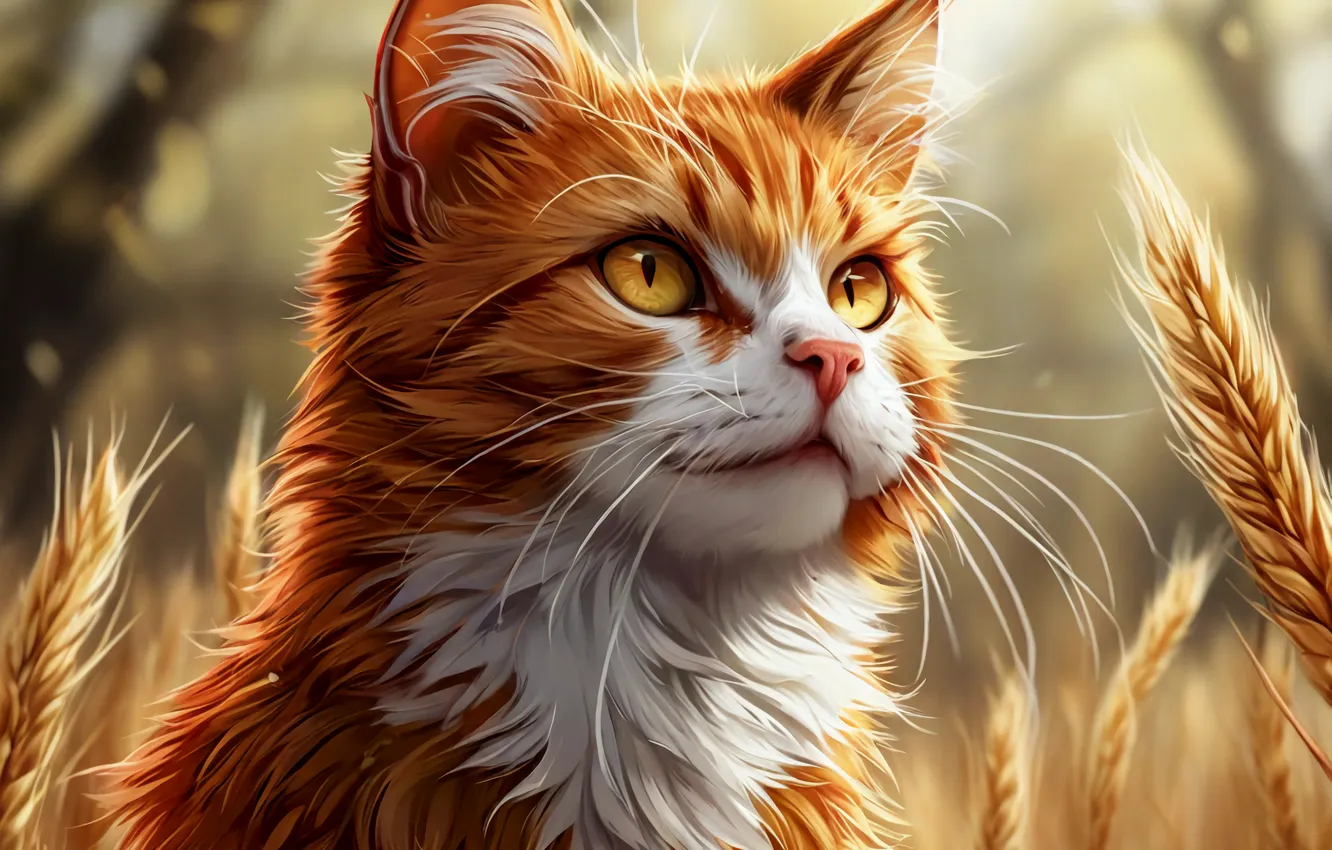 Photo wallpaper Cat, Cats, Cat, Ear, Wheat, Spikelets, Pastel, AI art