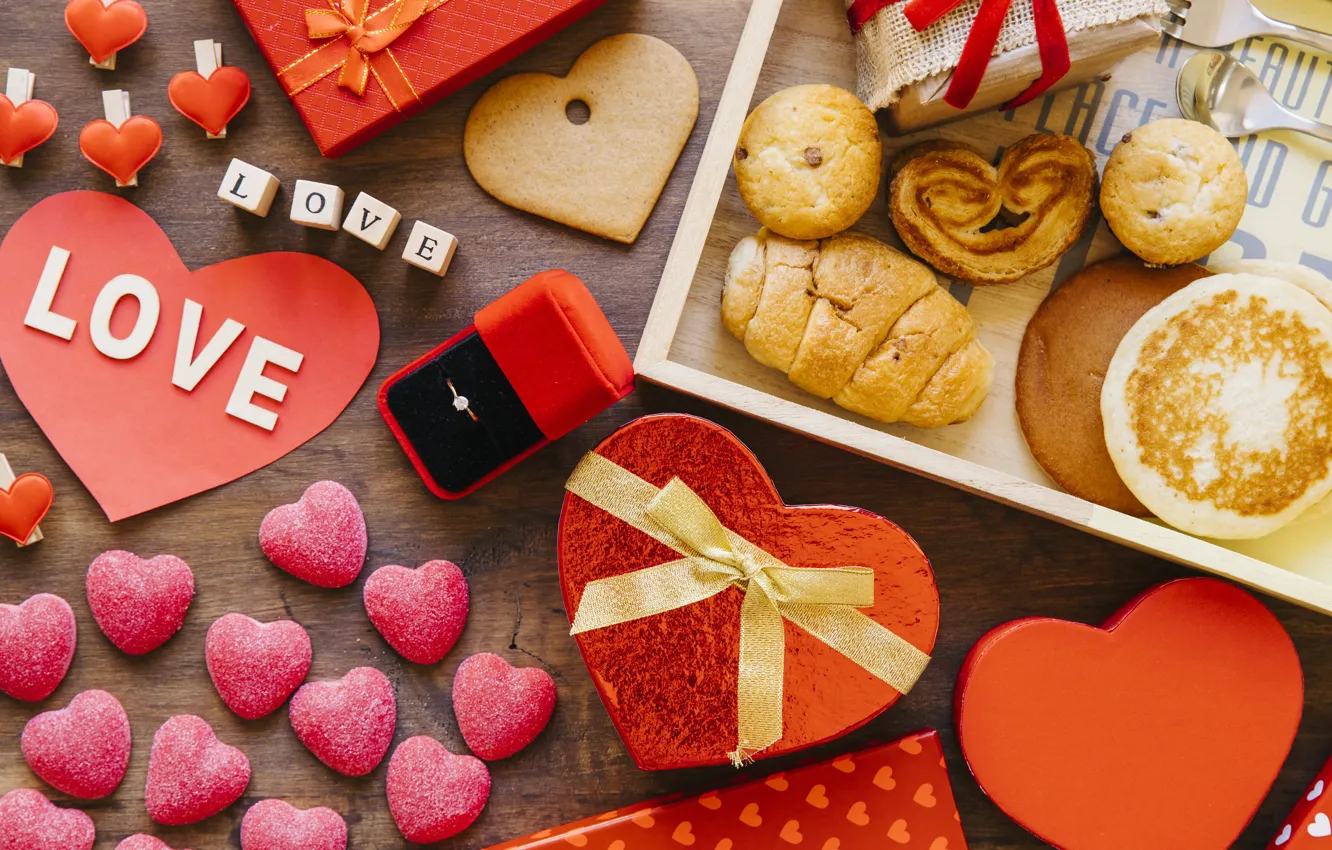 Photo wallpaper love, box, heart, Breakfast, cookies, ring, gifts, Valentine's Day