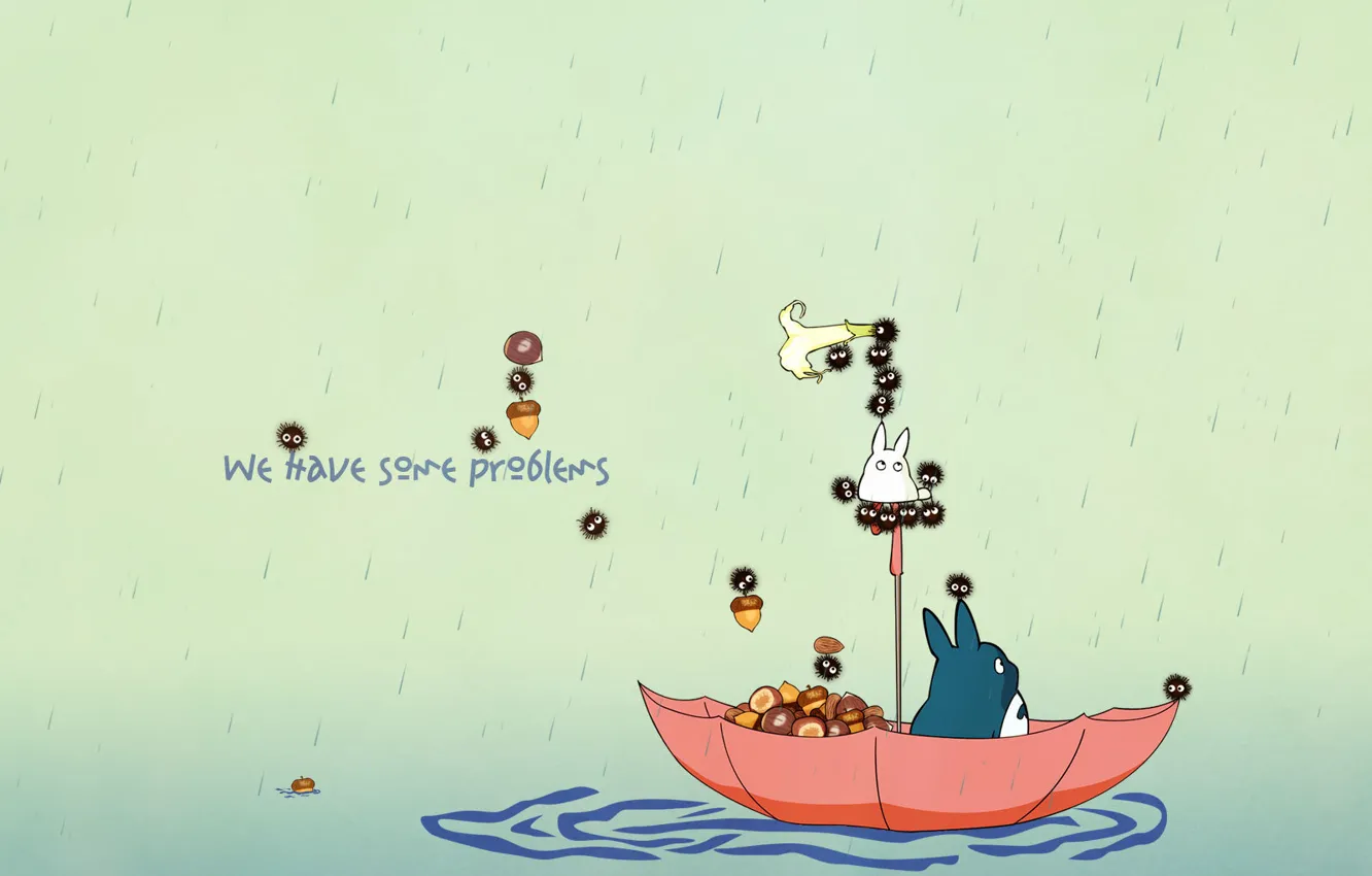 Photo wallpaper rain, umbrella, my neighbor Totoro, float, my neighbor totoro, totoro, acorns