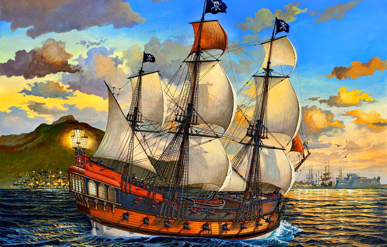 Photo wallpaper sea, figure, ship, sails, pirates, Jolly Roger, Sailing