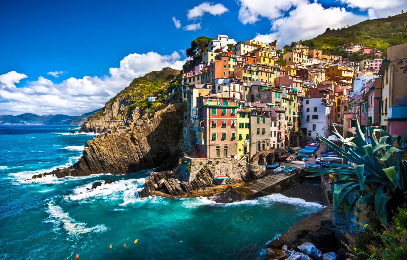 Photo wallpaper sea, rocks, coast, Villa, boats, Italy, houses, Riomaggiore