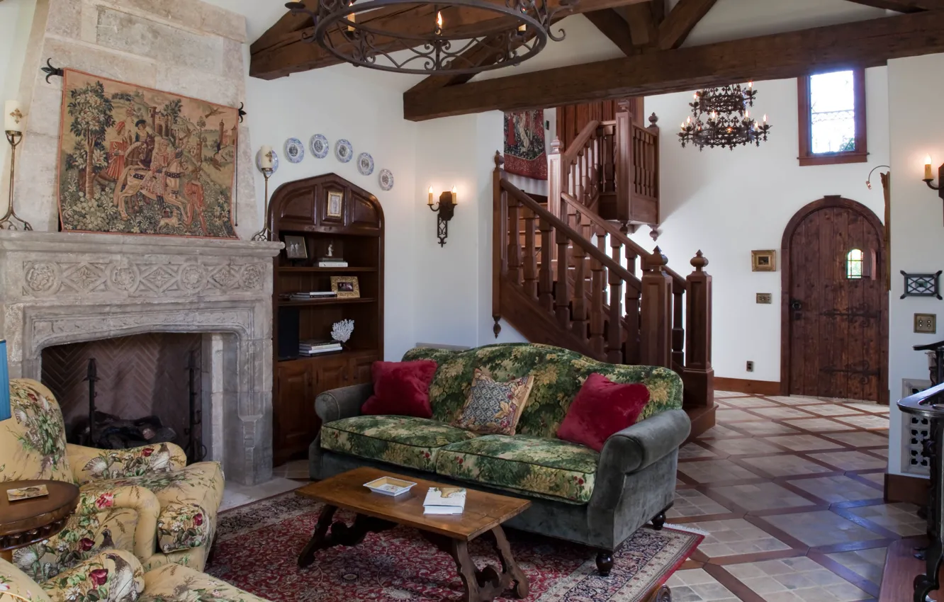 Photo wallpaper interior, ladder, the lobby, Villa, by Architects Wardell builders, living room, hall, Whimsical English Tudor …