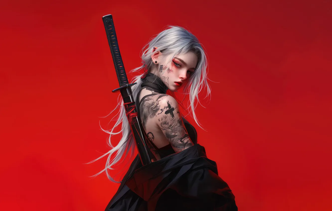 Photo wallpaper girl, katana, tattoo, red background, horn, anime girl, AI Generated