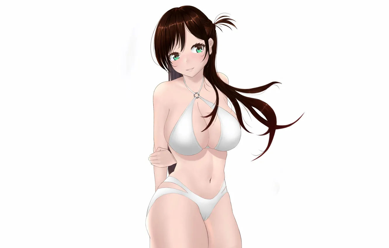 Photo wallpaper girl, sexy, Cameltoe, cleavage, green eyes, long hair, brown hair, boobs