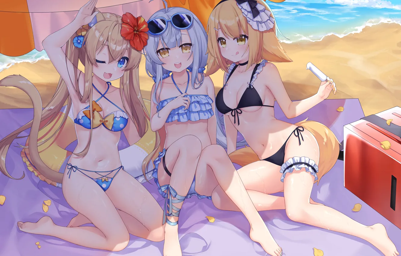 Photo wallpaper sexy, cleavage, beach, flower, long hair, legs, sea, girls