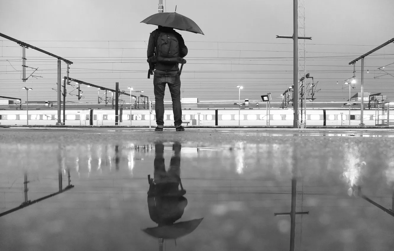Photo wallpaper reflection, back, jeans, umbrella, mirror, puddle, male, backpack
