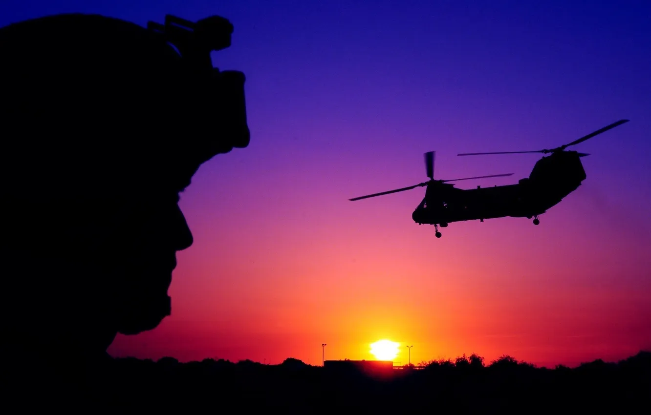 Photo wallpaper the sky, the sun, flight, sunset, Wallpaper, the evening, silhouette, soldiers