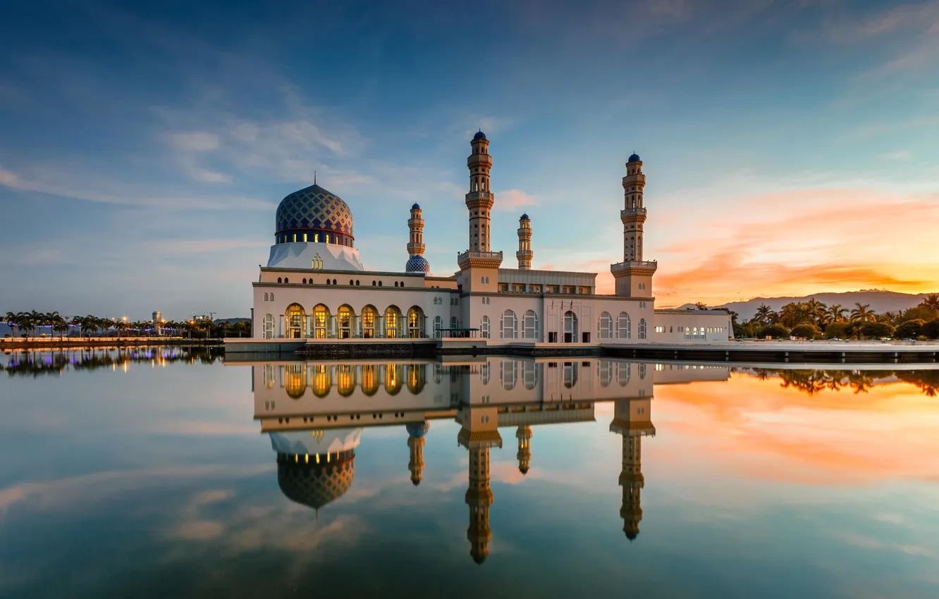 Photo wallpaper lake, reflection, building, architecture