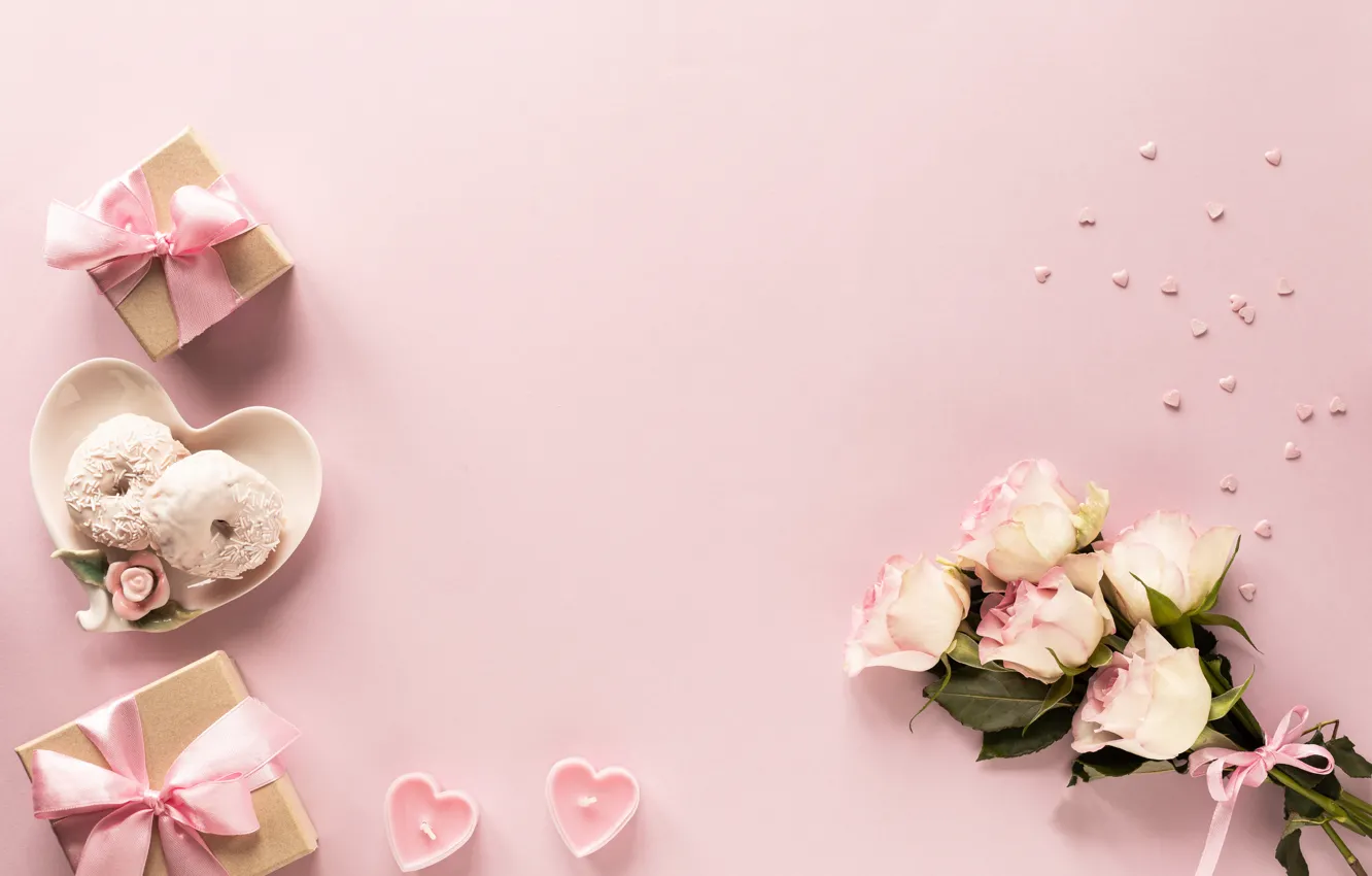 Photo wallpaper gift, roses, bouquet, candles, plate, donuts, Karina Klachuk