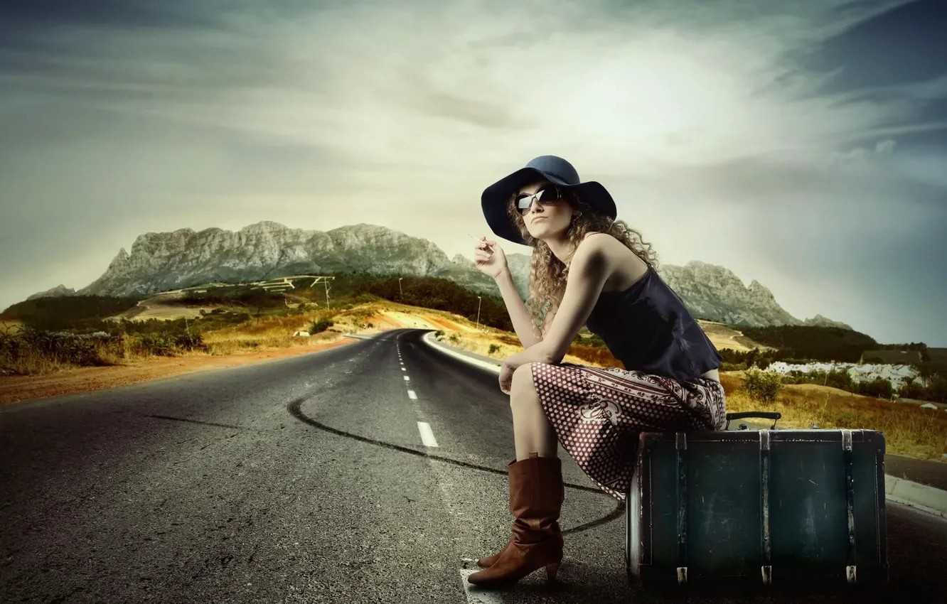 Photo wallpaper road, girl, mountains, suitcase
