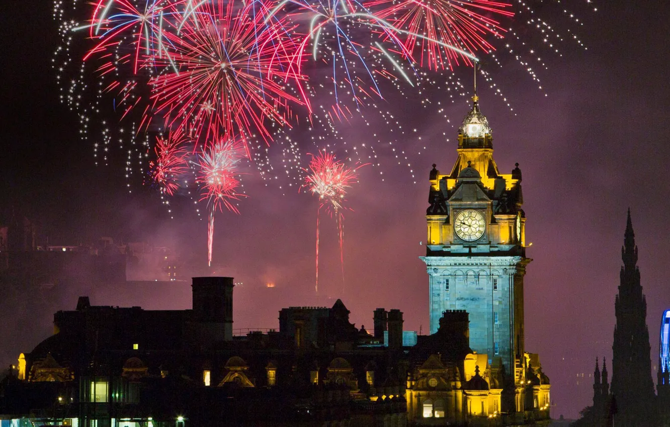 Photo wallpaper night, lights, holiday, tower, home, salute, Scotland, fireworks