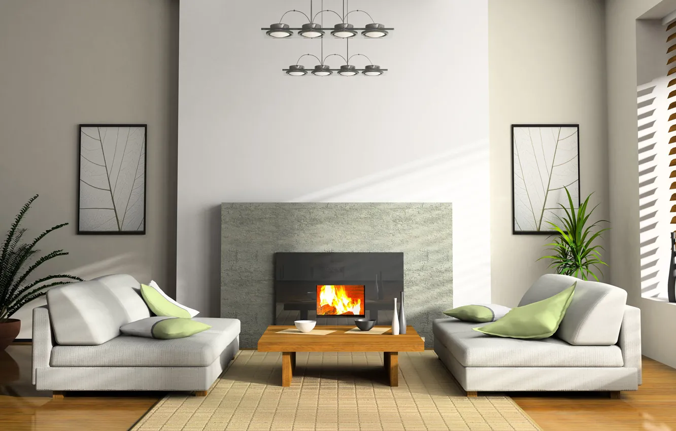 Photo wallpaper design, style, paper, table, room, sofa, fire, interior
