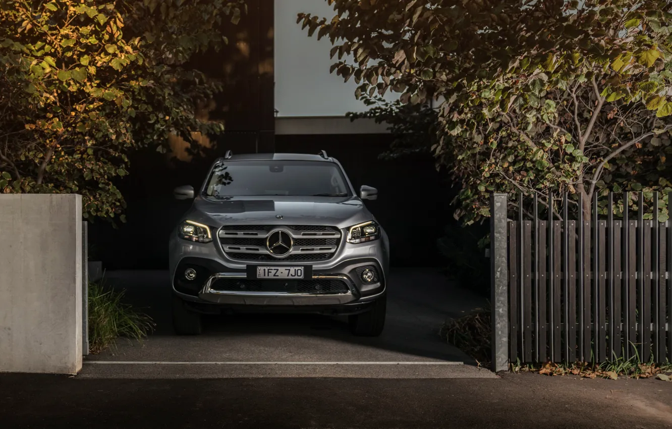Photo wallpaper the fence, Mercedes-Benz, shadow, front view, pickup, 2018, X-Class, gray-silver