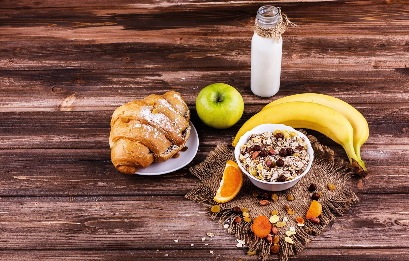 Photo wallpaper apples, milk, bananas, buns, croissant, muesli