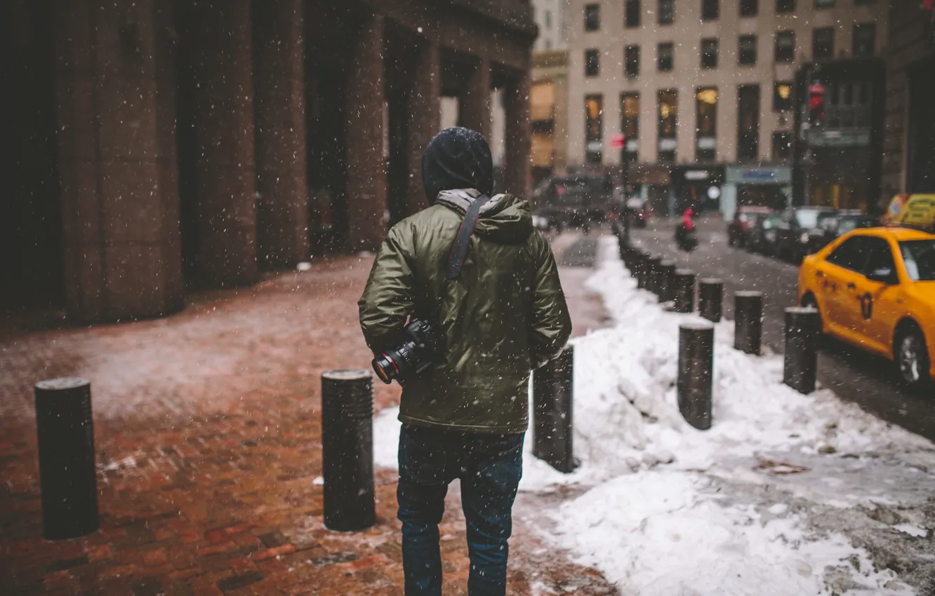Photo wallpaper winter, snow, back, New York, the hood, the camera, lens, taxi