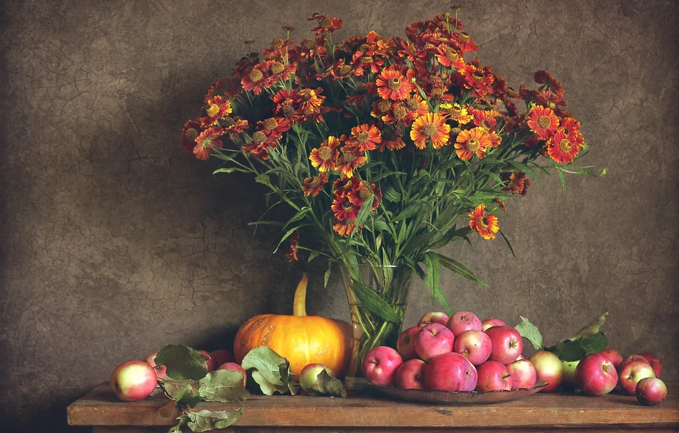 Photo wallpaper flowers, apples, bouquet, pumpkin, still life