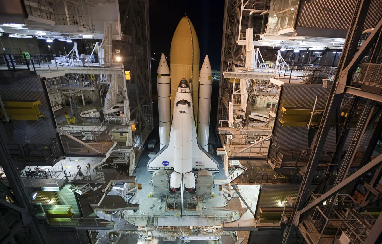 Photo wallpaper night, rocket, Shuttle, spaceport, installation, MEDIA, training