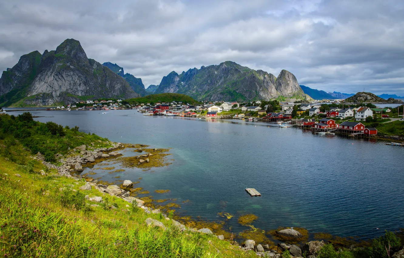 Photo wallpaper sea, mountains, coast, Bay, Norway, Bay, house, The Lofoten Islands