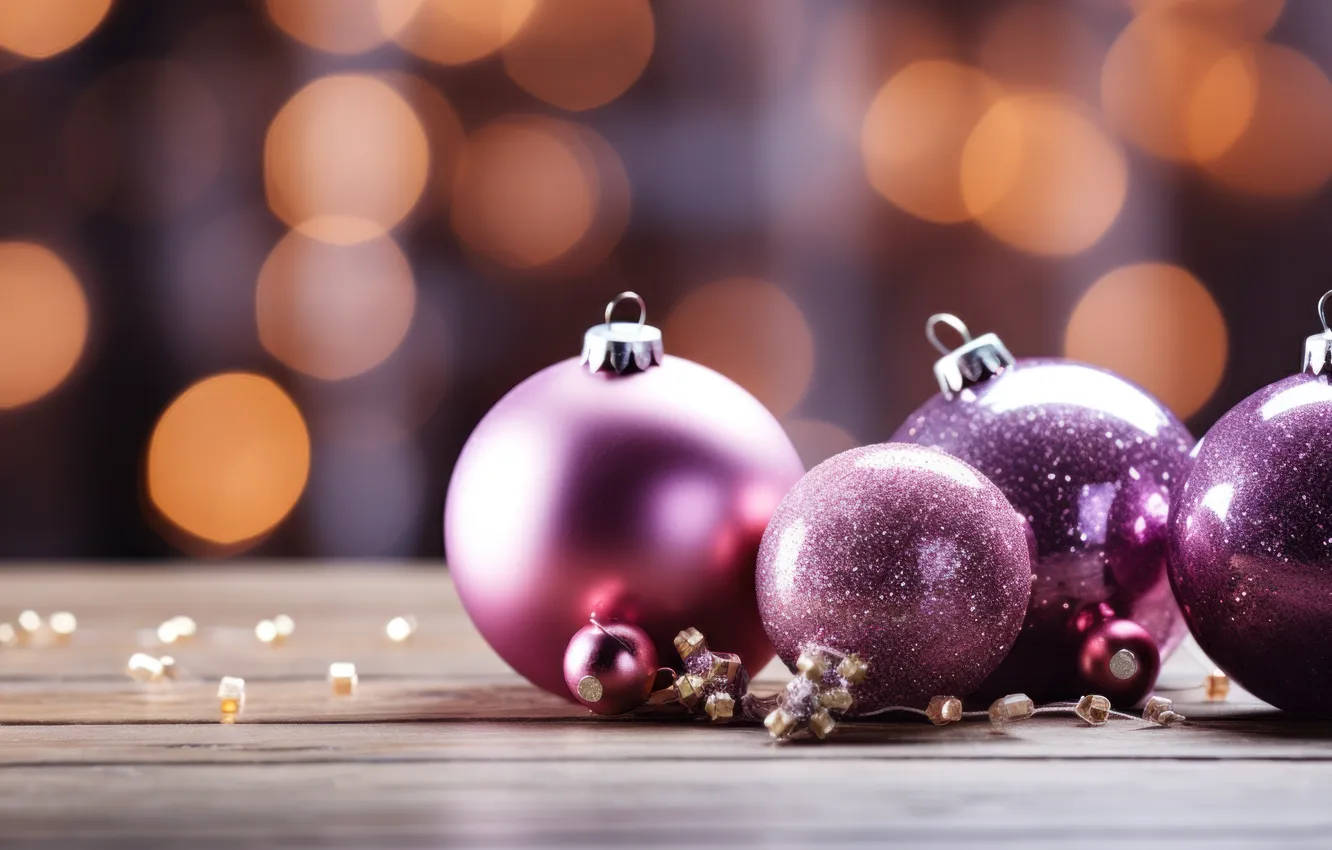 Photo wallpaper purple, balls, new year, Christmas, lilac, Christmas decorations, lilac background, AI art
