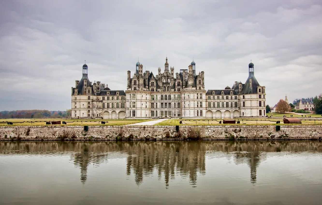Photo wallpaper the sky, water, castle, France, Clouds