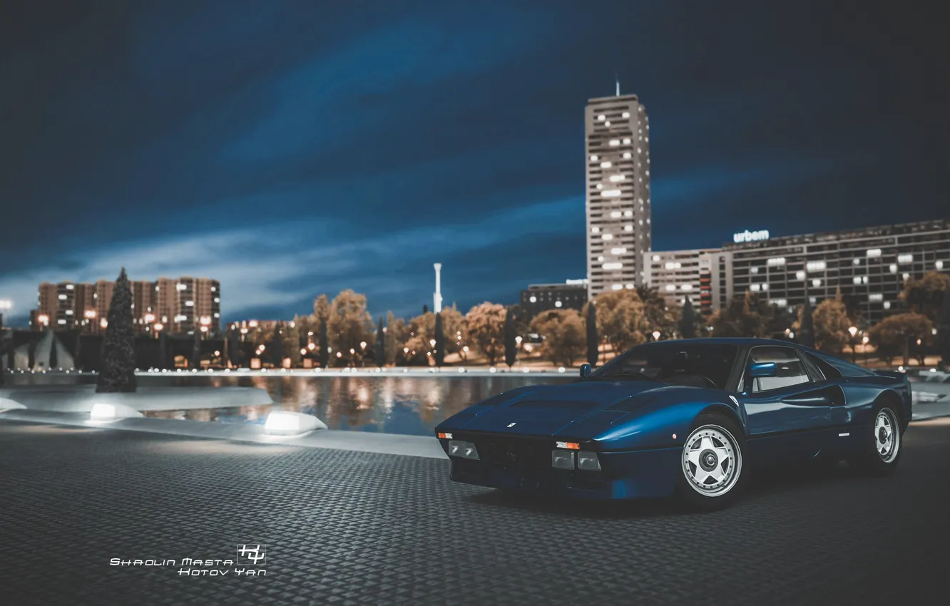 Photo wallpaper machine, auto, night, blue, the city, Ferrari, supercar, sports car