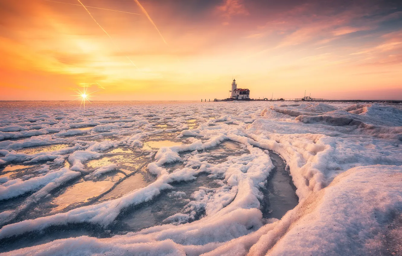 Photo wallpaper winter, sea, sunset, shore, lighthouse