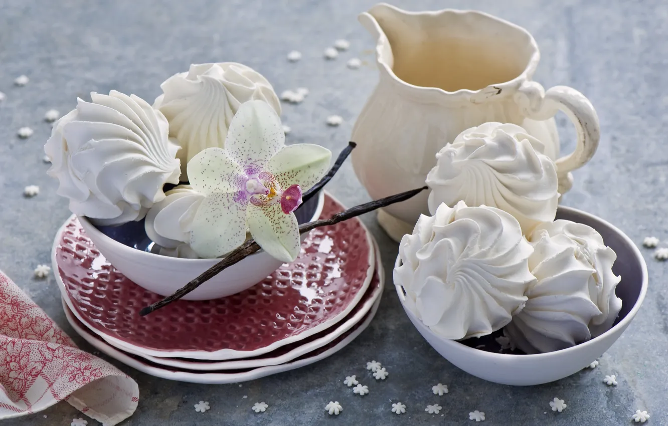 Photo wallpaper flower, dishes, still life, Orchid, marshmallows