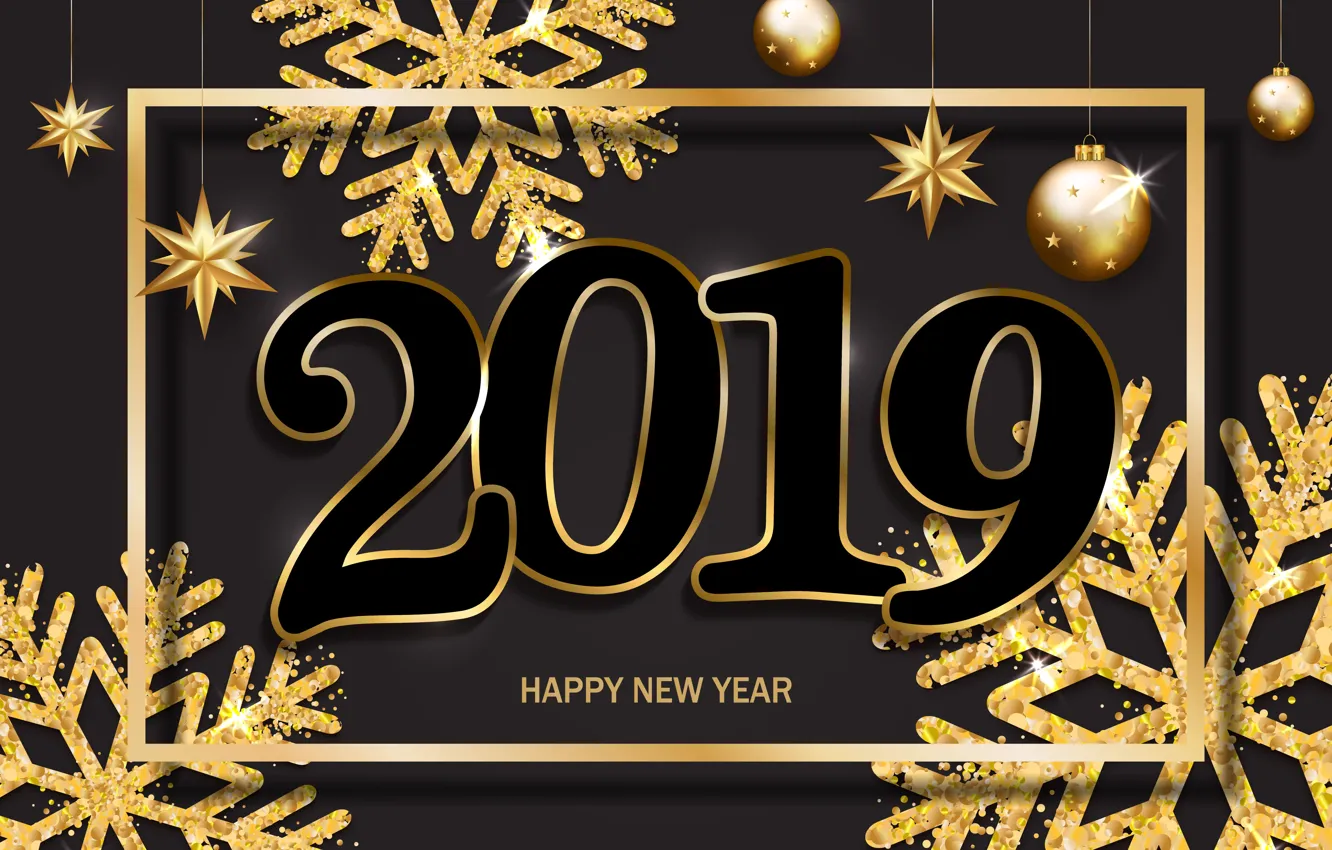 Photo wallpaper snowflakes, gold, new year, figures, golden, black background, black, background