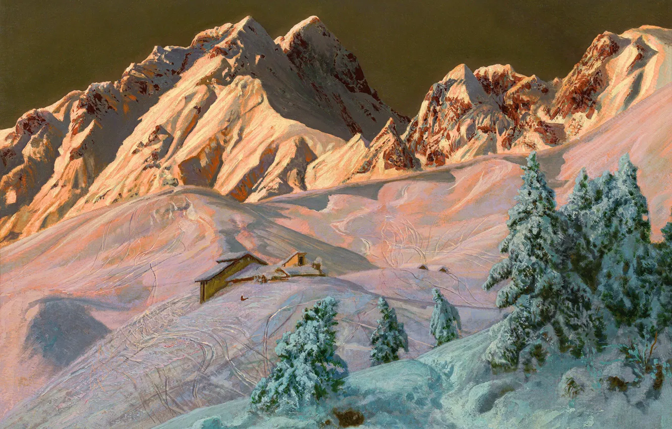 Photo wallpaper Mountains, Snow, Traces, Picture, Alois Arnegger, Ate, Alois Arnegger, Austrian painter