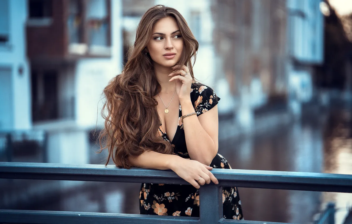 Photo wallpaper girl, pose, river, hands, dress, long hair, Laura, Anatoly Oskin