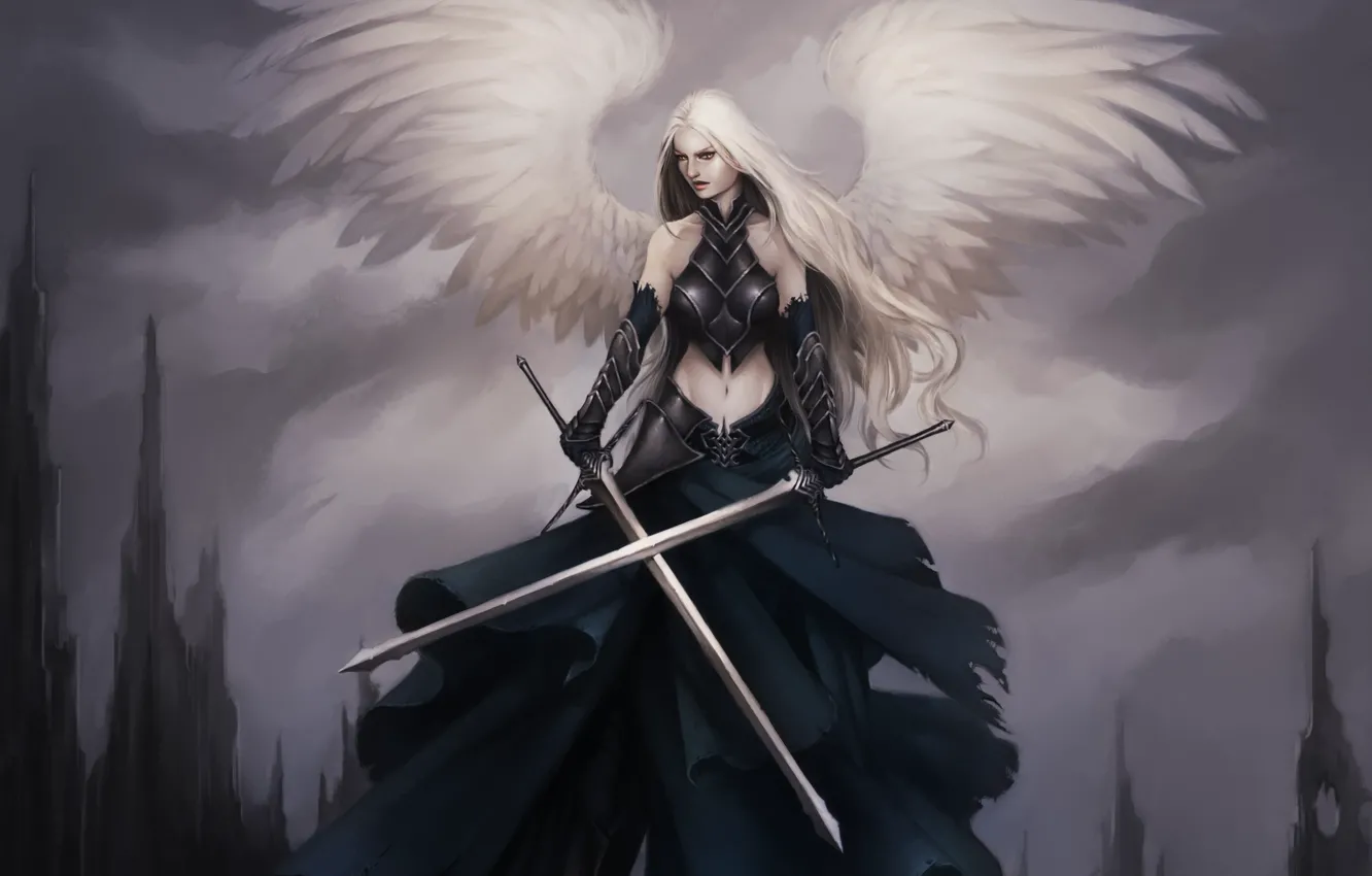 Photo wallpaper girl, weapons, rocks, wings, angel, sword, feathers, art