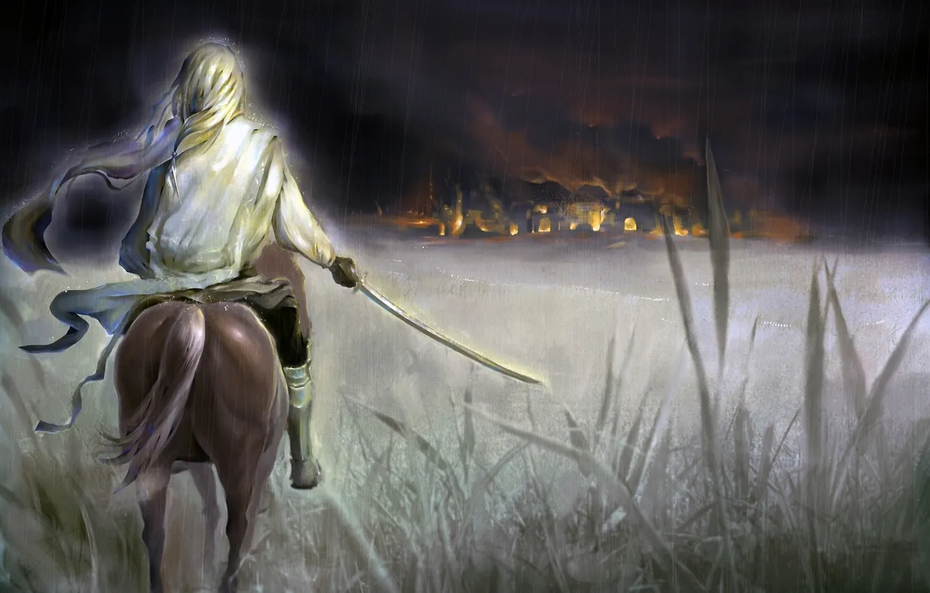 Photo wallpaper night, lights, fiction, fire, rain, horse, home, sword