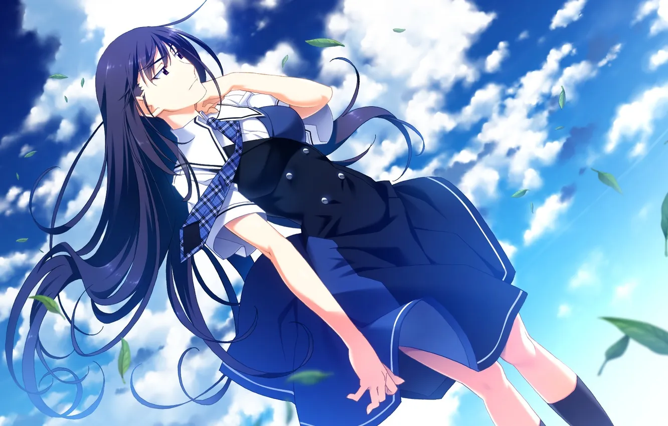 Photo wallpaper the sky, look, leaves, girl, clouds, the wind, dress, art