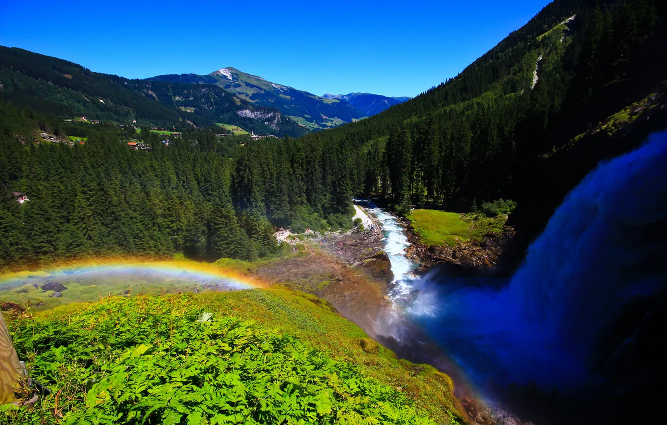 Photo wallpaper forest, mountains, river, rainbow, Austria, Austria, Krimml Waterfalls, the Krimml waterfalls